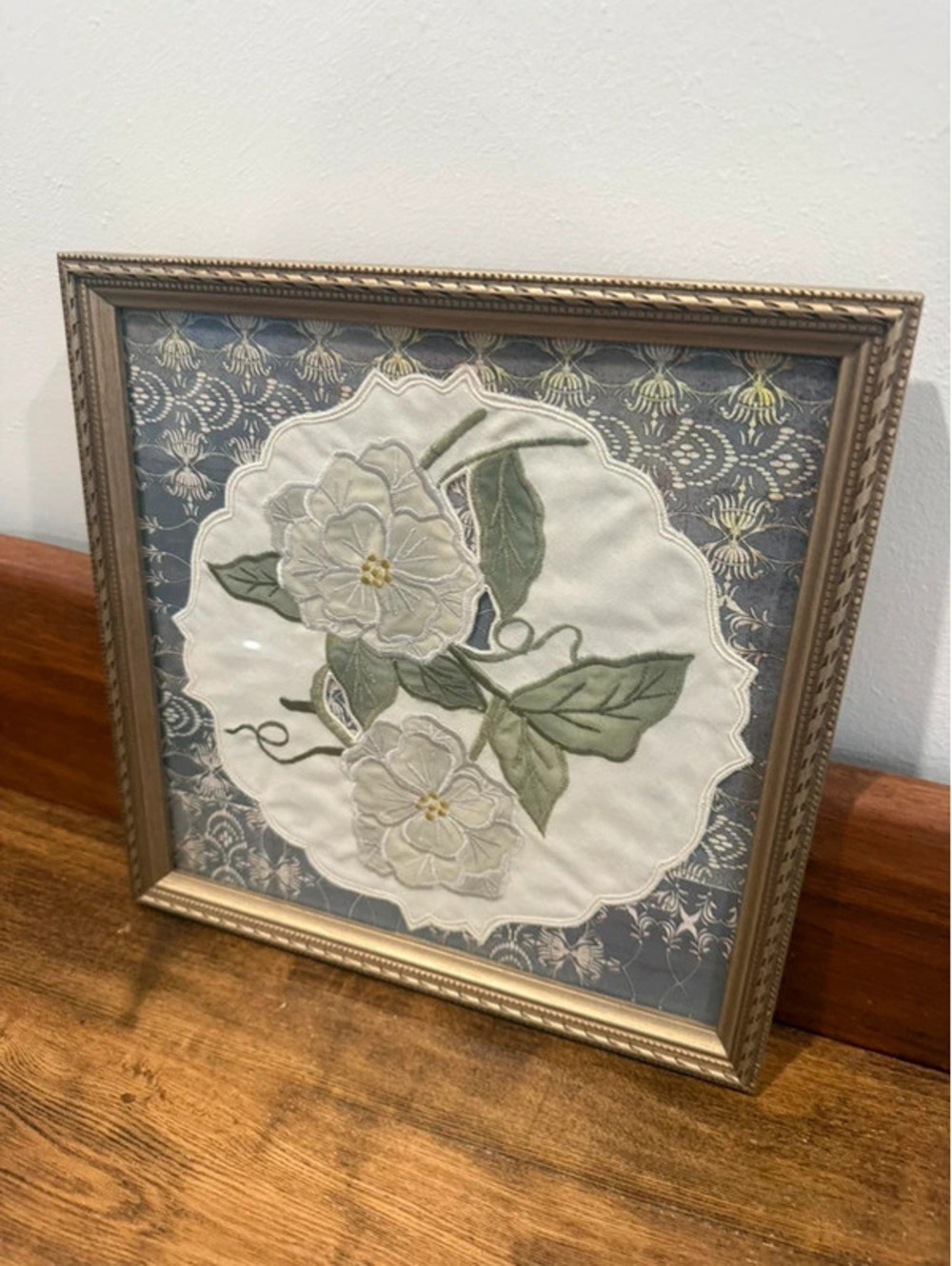 Vintage Framed Embroidered Floral Textile Art Appliqué White Flowers